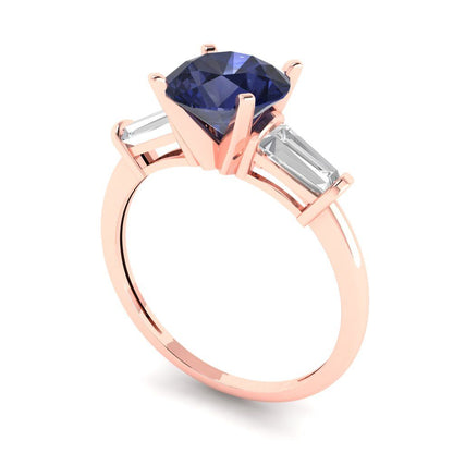 2 cttw Simulated Blue Sapphire Three-Stone Engagement Ring - Solid Gold (Round Cut,7.5mm)