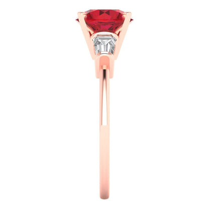 2 cttw Simulated Ruby Three-Stone Engagement Ring - Solid Rose Gold (VVS1, Round Cut,7.5mm)