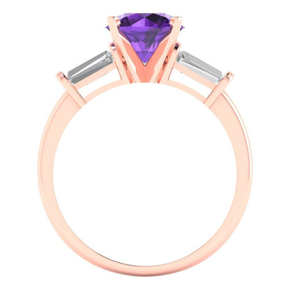 2 cttw Natural Amethyst Three-Stone Engagement Ring - Solid Gold (Round Cut,7.5mm)
