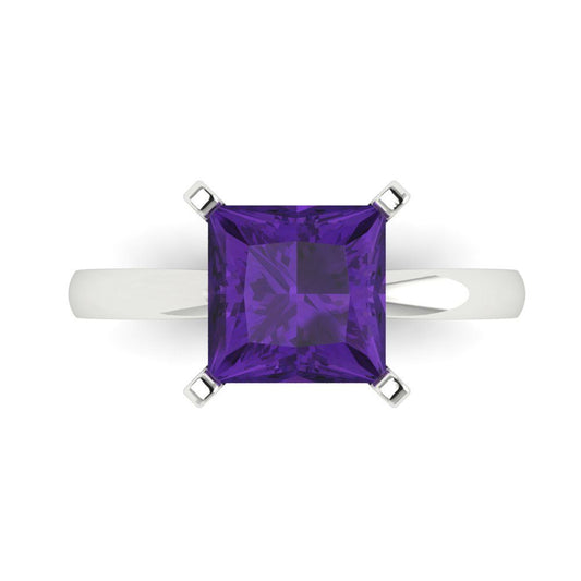 3 cttw Natural Amethyst Solitaire  Engagement Ring - Solid White Gold (VVS1, Princess Cut,8.0mm)