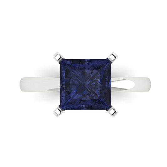 3 cttw Simulated Blue Sapphire Solitaire  Engagement Ring - Solid White Gold (VVS1, Princess Cut,8.0mm)