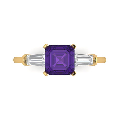 1.62 cttw Natural Amethyst Three-Stone Engagement Ring - Solid Gold (Square Emerald Cut,6.5X6.5mm)