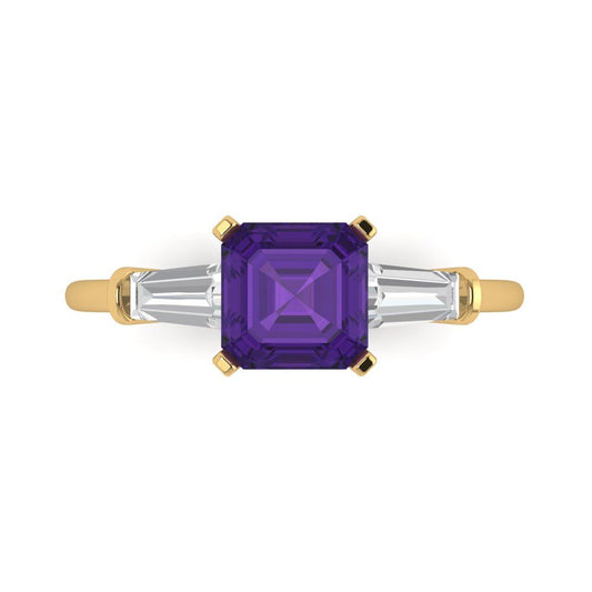 1.62 cttw Natural Amethyst Three-Stone Engagement Ring - Solid Yellow Gold (VVS1, Square Emerald Cut,6.5X6.5mm)