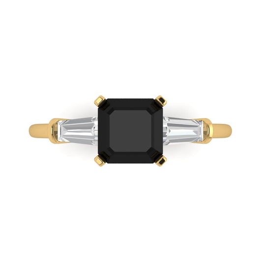 1.62 cttw Natural Onyx Three-Stone Engagement Ring - Solid Yellow Gold (VVS1, Square Emerald Cut,6.5X6.5mm)