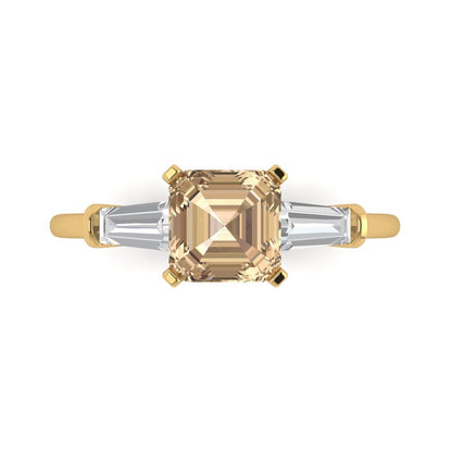 1.62 cttw Yellow Moissanite Three-Stone Engagement Ring - Solid Gold (Square Emerald Cut,6.5X6.5mm)