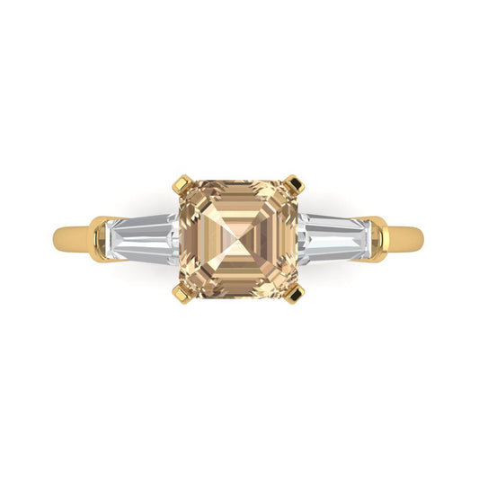 1.62 cttw Yellow Moissanite Three-Stone Engagement Ring - Solid Yellow Gold (VVS1, Square Emerald Cut,6.5X6.5mm)