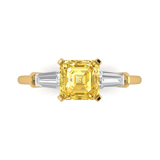 1.62 cttw Zirconia Simulated Yellow Diamond Three-Stone Engagement Ring - Solid Yellow Gold (VVS1, Square Emerald Cut,6.5X6.5mm)