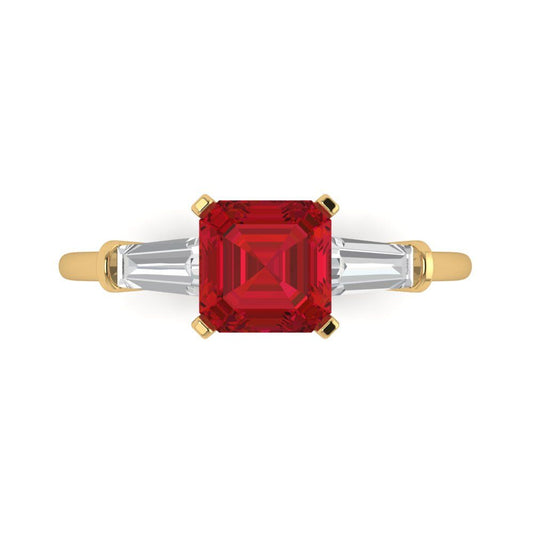 1.62 cttw Simulated Ruby Three-Stone Engagement Ring - Solid Yellow Gold (VVS1, Square Emerald Cut,6.5X6.5mm)