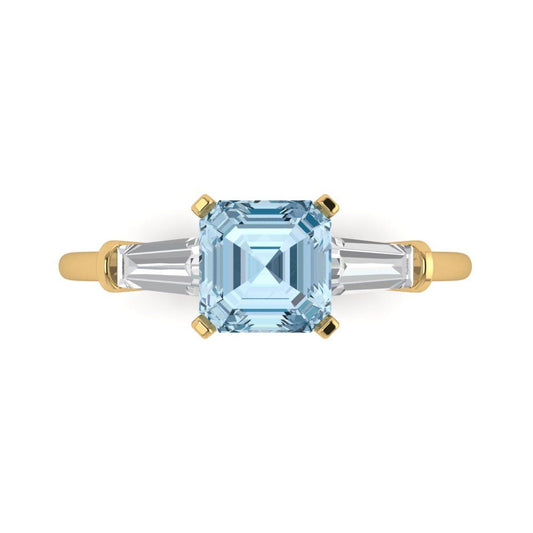1.62 cttw Natural Sky Blue Topaz Three-Stone Engagement Ring - Solid Yellow Gold (VVS1, Square Emerald Cut,6.5X6.5mm)