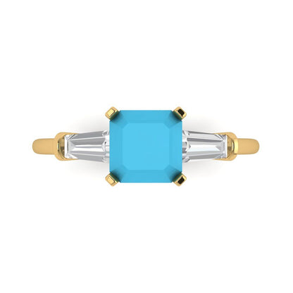 1.62 cttw Simulated Turquoise Three-Stone Engagement Ring - Solid Gold (Square Emerald Cut,6.5X6.5mm)