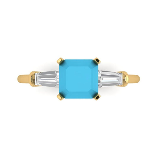 1.62 cttw Simulated Turquoise Three-Stone Engagement Ring - Solid Yellow Gold (VVS1, Square Emerald Cut,6.5X6.5mm)