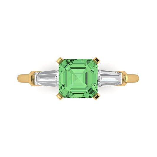 1.62 cttw Zirconia Simulated Green Diamond Three-Stone Engagement Ring - Solid Yellow Gold (VVS1, Square Emerald Cut,6.5X6.5mm)