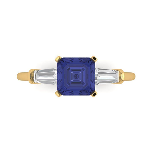 1.62 cttw Simulated Tanzanite Three-Stone Engagement Ring - Solid Yellow Gold (VVS1, Square Emerald Cut,6.5X6.5mm)