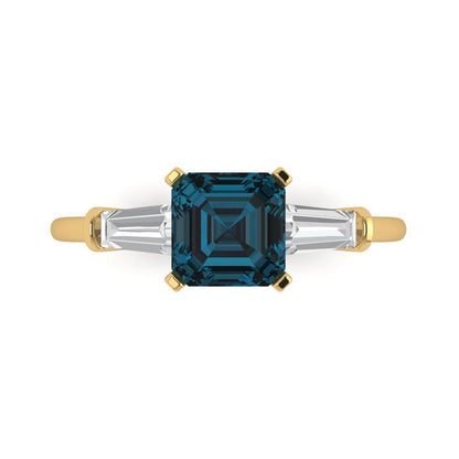 1.62 cttw Natural London Blue Topaz Three-Stone Engagement Ring - Solid Gold (Square Emerald Cut,6.5X6.5mm)