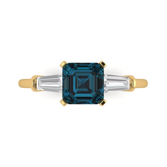 1.62 cttw Natural London Blue Topaz Three-Stone Engagement Ring - Solid Yellow Gold (VVS1, Square Emerald Cut,6.5X6.5mm)
