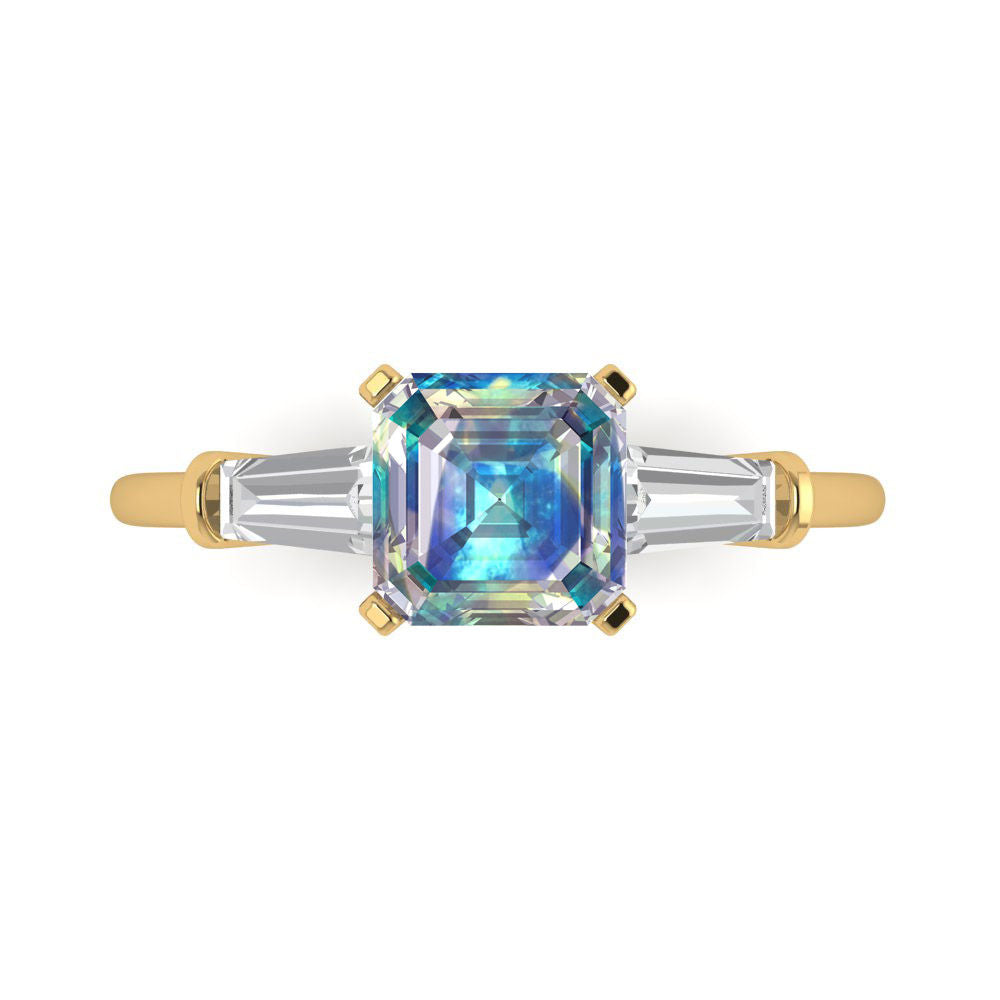1.62 cttw Blue Moissanite Three-Stone Engagement Ring - Solid Gold (Square Emerald Cut,6.5X6.5mm)