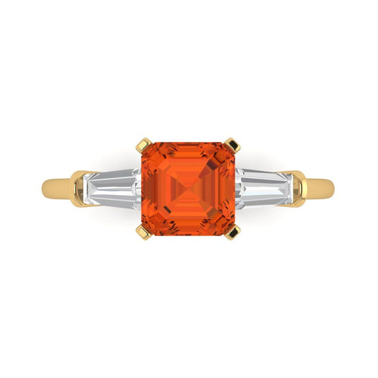 1.62 cttw Zirconia Simulated Red Diamond Three-Stone Engagement Ring - Solid Yellow Gold (VVS1, Square Emerald Cut,6.5X6.5mm)