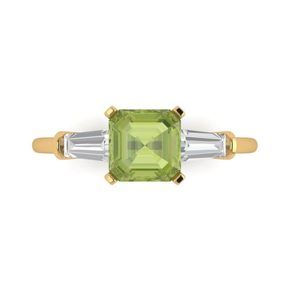 1.62 cttw Natural Peridot Three-Stone Engagement Ring - Solid Gold (Square Emerald Cut,6.5X6.5mm)