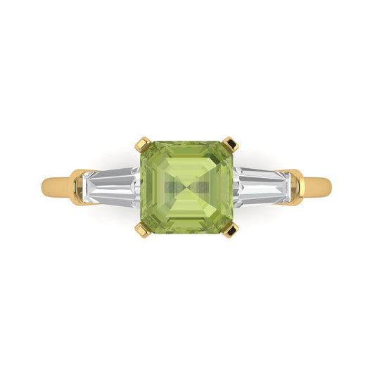 1.62 cttw Natural Peridot Three-Stone Engagement Ring - Solid Yellow Gold (VVS1, Square Emerald Cut,6.5X6.5mm)