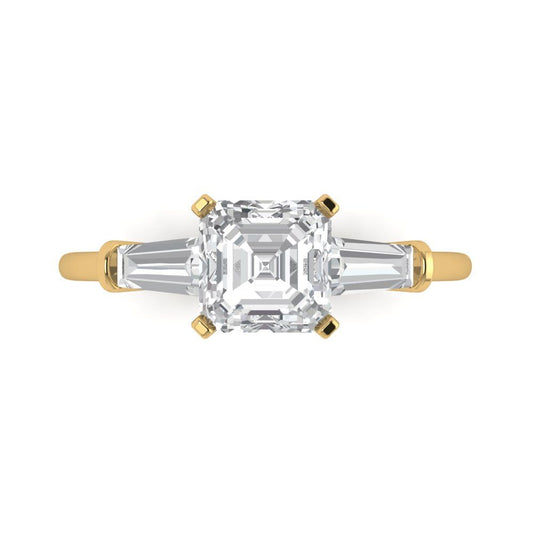 1.62 cttw Moissanite Three-Stone Engagement Ring - Solid Yellow Gold (VVS1, Square Emerald Cut,6.5X6.5mm)