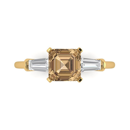 1.62 cttw Zirconia Simulated Champagne Diamond Three-Stone Engagement Ring - Solid Yellow Gold (VVS1, Square Emerald Cut,6.5X6.5mm)
