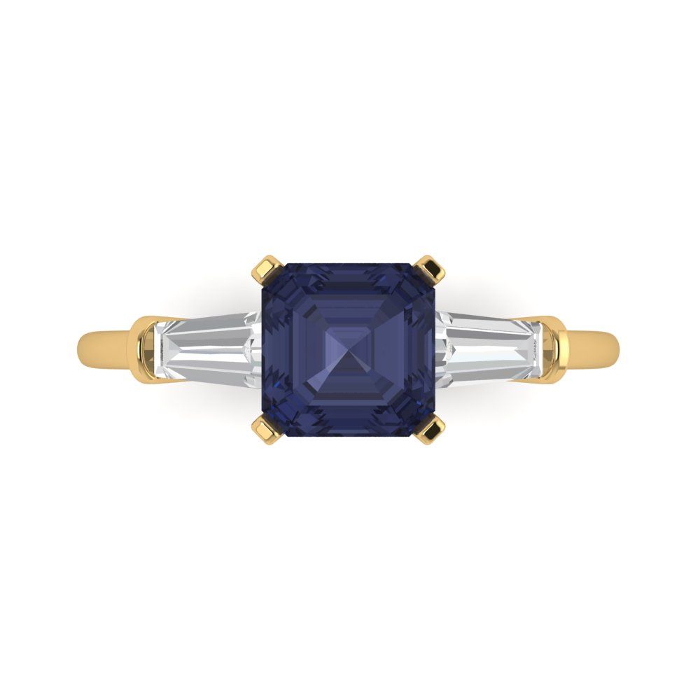 1.62 cttw Simulated Blue Sapphire Three-Stone Engagement Ring - Solid Yellow Gold (VVS1, Square Emerald Cut,6.5X6.5mm)