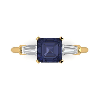 1.62 cttw Simulated Blue Sapphire Three-Stone Engagement Ring - Solid Yellow Gold (VVS1, Square Emerald Cut,6.5X6.5mm)