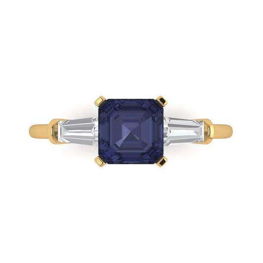 1.62 cttw Simulated Blue Sapphire Three-Stone Engagement Ring - Solid Yellow Gold (VVS1, Square Emerald Cut,6.5X6.5mm)