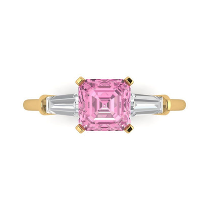 1.62 cttw Zirconia Simulated Pink Diamond Three-Stone Engagement Ring - Solid Gold (VVS1, Square Emerald Cut,6.5X6.5mm)