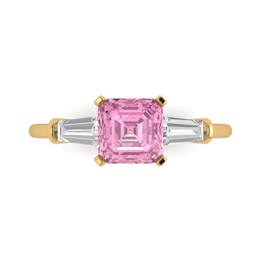 1.62 cttw Zirconia Simulated Pink Diamond Three-Stone Engagement Ring - Solid Yellow Gold (VVS1, Square Emerald Cut,6.5X6.5mm)