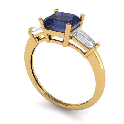 1.62 cttw Simulated Blue Sapphire Three-Stone Engagement Ring - Solid Yellow Gold (VVS1, Square Emerald Cut,6.5X6.5mm)