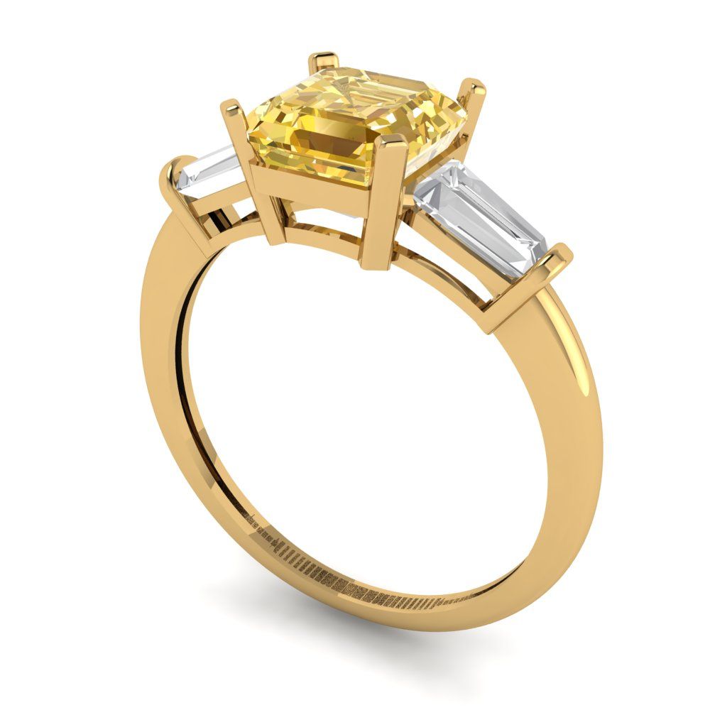 1.62 cttw Zirconia Simulated Yellow Diamond Three-Stone Engagement Ring - Solid Gold (VVS1, Square Emerald Cut,6.5X6.5mm)