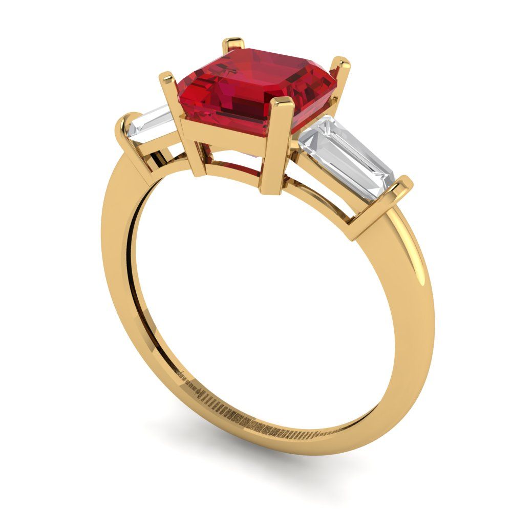 1.62 cttw Simulated Ruby Three-Stone Engagement Ring - Solid Yellow Gold (VVS1, Square Emerald Cut,6.5X6.5mm)