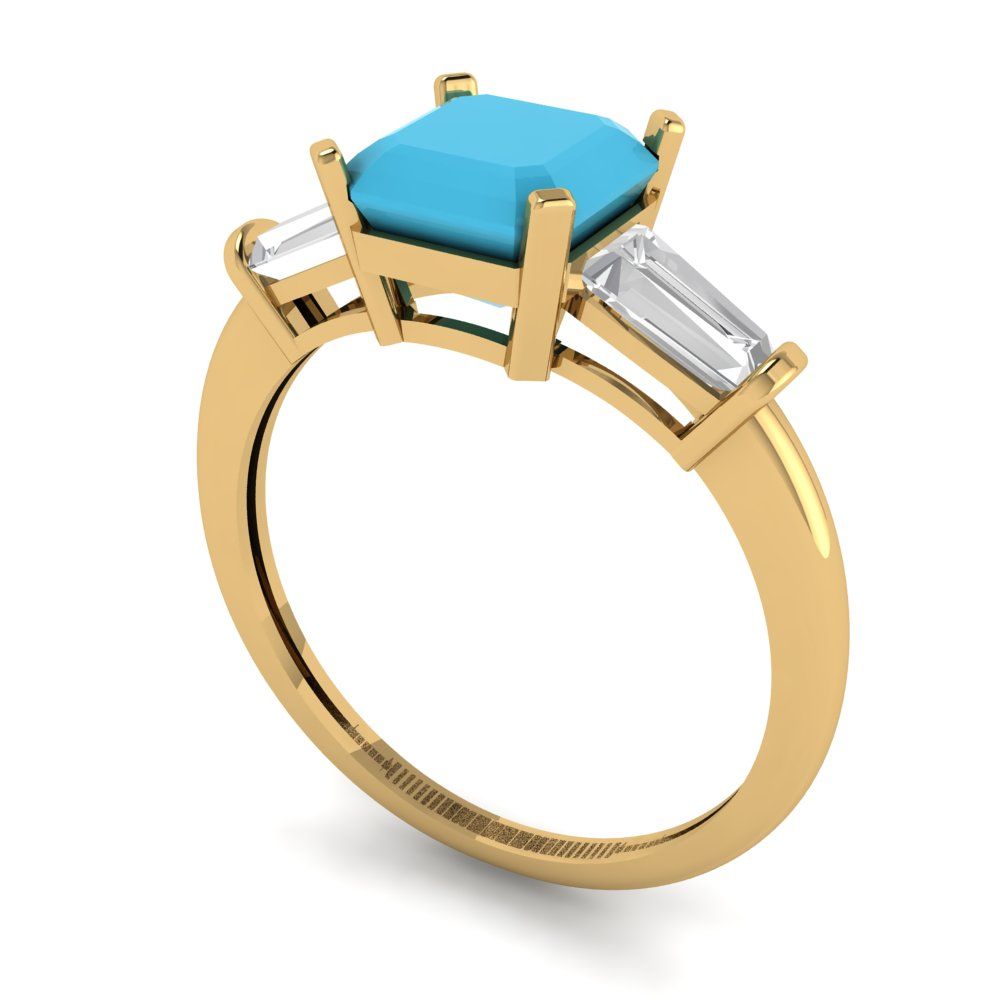1.62 cttw Simulated Turquoise Three-Stone Engagement Ring - Solid Gold (Square Emerald Cut,6.5X6.5mm)