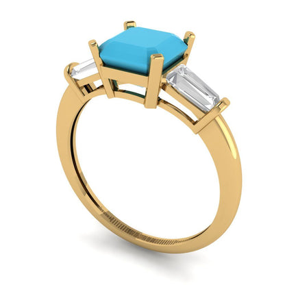 1.62 cttw Simulated Turquoise Three-Stone Engagement Ring - Solid Gold (Square Emerald Cut,6.5X6.5mm)