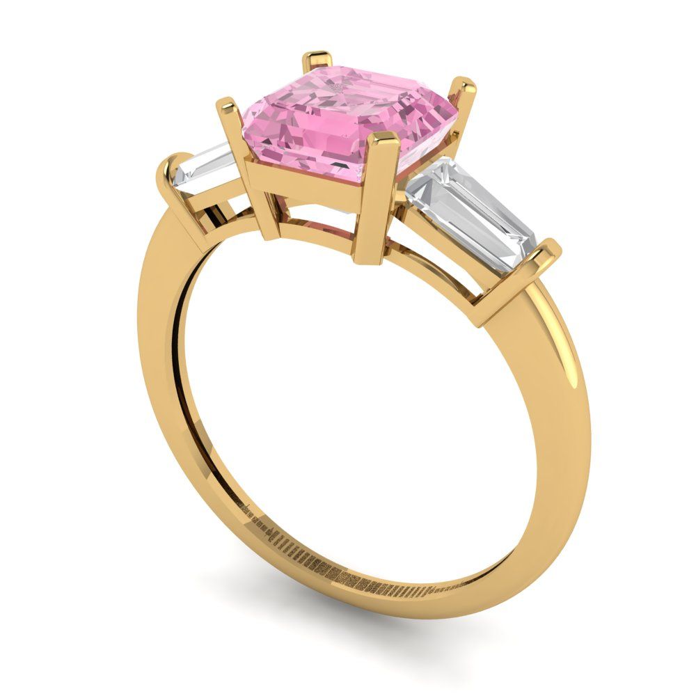 1.62 cttw Zirconia Simulated Pink Diamond Three-Stone Engagement Ring - Solid Gold (VVS1, Square Emerald Cut,6.5X6.5mm)