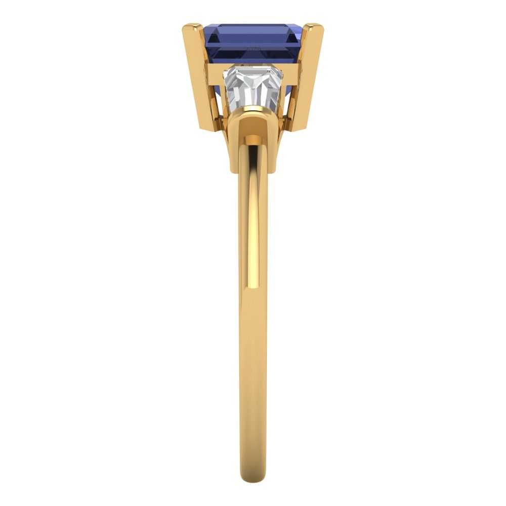 1.62 cttw Simulated Blue Sapphire Three-Stone Engagement Ring - Solid Yellow Gold (VVS1, Square Emerald Cut,6.5X6.5mm)