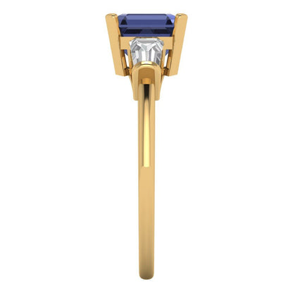 1.62 cttw Simulated Blue Sapphire Three-Stone Engagement Ring - Solid Yellow Gold (VVS1, Square Emerald Cut,6.5X6.5mm)