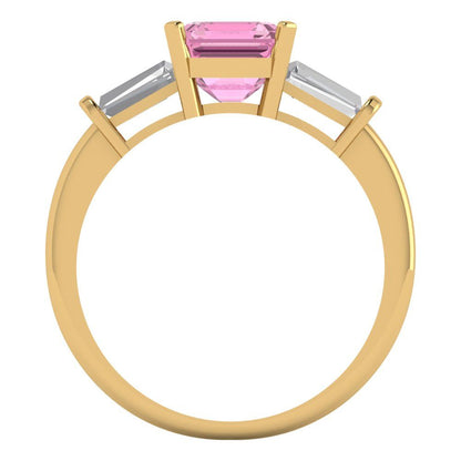 1.62 cttw Zirconia Simulated Pink Diamond Three-Stone Engagement Ring - Solid Gold (VVS1, Square Emerald Cut,6.5X6.5mm)