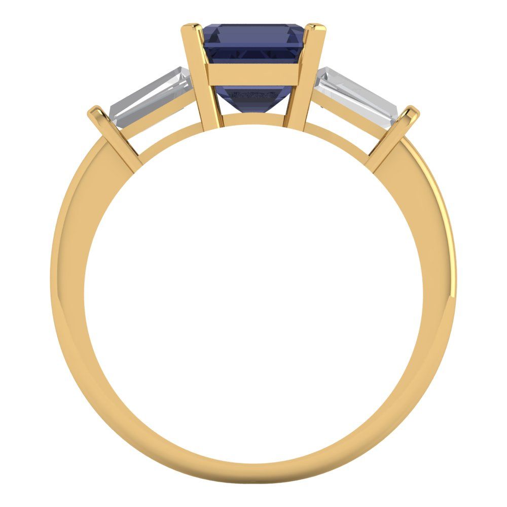 1.62 cttw Simulated Blue Sapphire Three-Stone Engagement Ring - Solid Yellow Gold (VVS1, Square Emerald Cut,6.5X6.5mm)