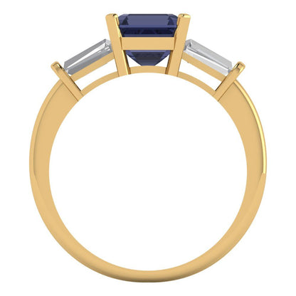 1.62 cttw Simulated Blue Sapphire Three-Stone Engagement Ring - Solid Yellow Gold (VVS1, Square Emerald Cut,6.5X6.5mm)