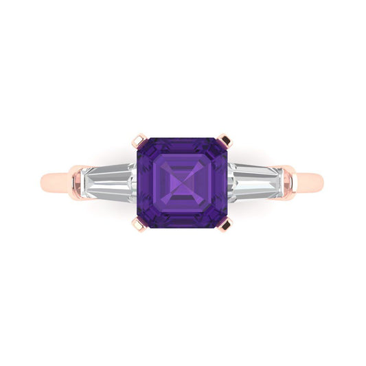 1.62 cttw Natural Amethyst Three-Stone Engagement Ring - Solid Rose Gold (VVS1, Square Emerald Cut,6.5X6.5mm)