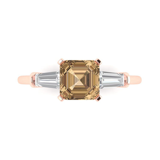 1.62 cttw Zirconia Simulated Champagne Diamond Three-Stone Engagement Ring - Solid Rose Gold (VVS1, Square Emerald Cut,6.5X6.5mm)