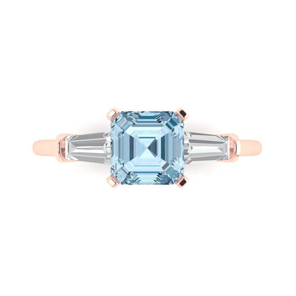1.62 cttw Zirconia Simulated Blue Diamond Three-Stone Engagement Ring - Solid Gold (VVS1, Square Emerald Cut,6.5X6.5mm)