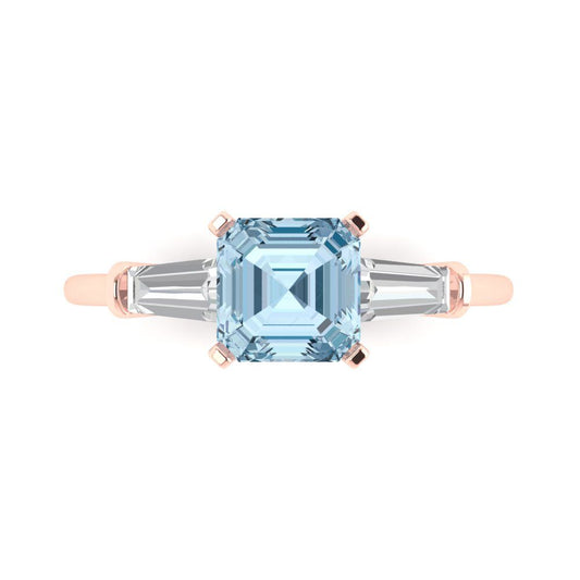 1.62 cttw Zirconia Simulated Blue Diamond Three-Stone Engagement Ring - Solid Rose Gold (VVS1, Square Emerald Cut,6.5X6.5mm)