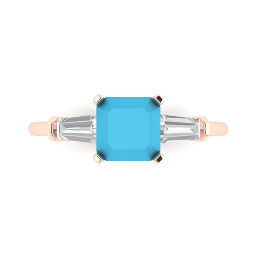 1.62 cttw Simulated Turquoise Three-Stone Engagement Ring - Solid Rose Gold (VVS1, Square Emerald Cut,6.5X6.5mm)