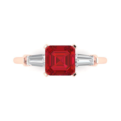 1.62 cttw Simulated Pink Tourmaline Three-Stone Engagement Ring - Solid Gold (Square Emerald Cut,6.5X6.5mm)