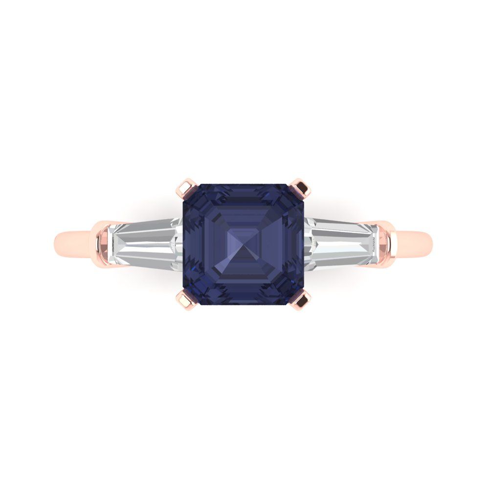 1.62 cttw Simulated Blue Sapphire Three-Stone Engagement Ring - Solid Rose Gold (VVS1, Square Emerald Cut,6.5X6.5mm)