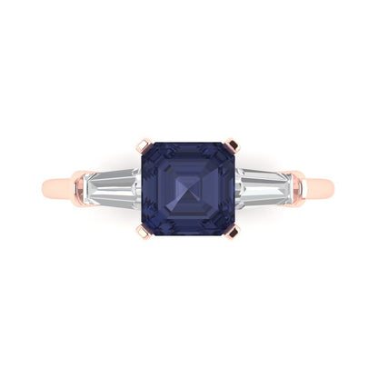1.62 cttw Simulated Blue Sapphire Three-Stone Engagement Ring - Solid Rose Gold (VVS1, Square Emerald Cut,6.5X6.5mm)