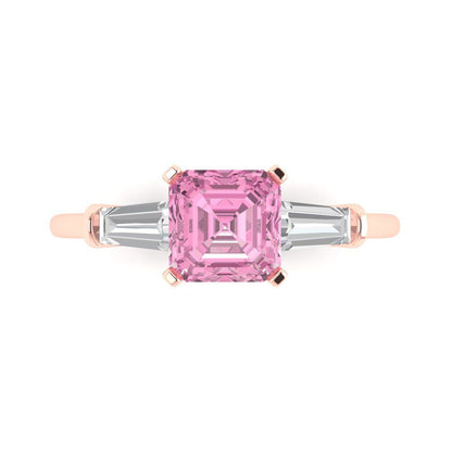 1.62 cttw Zirconia Simulated Pink Diamond Three-Stone Engagement Ring - Solid Gold (VVS1, Square Emerald Cut,6.5X6.5mm)